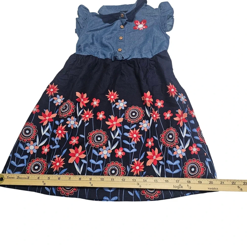 Picapino Girls 6 Chambray Denim Floral Skirt Dress Flutter Sleeve Button Front